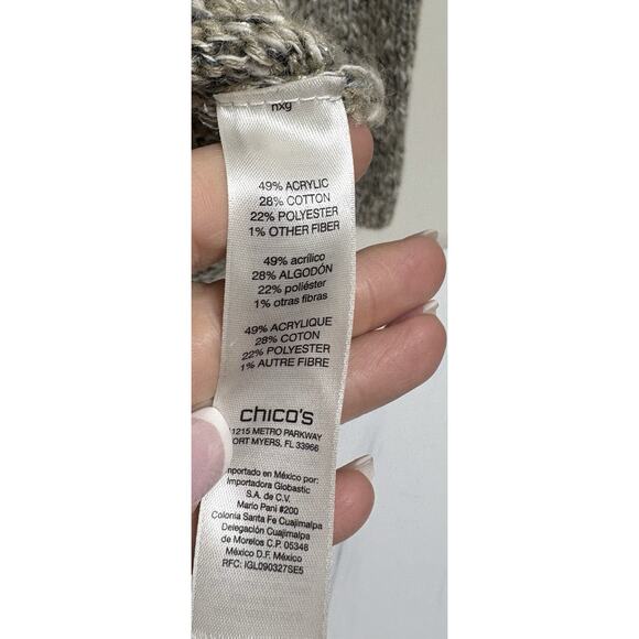 Chico’s Women’s Size 1 (M) Gray/Beige Marled Fringe Knit Sweater Off Shoulder - Picture 4 of 5